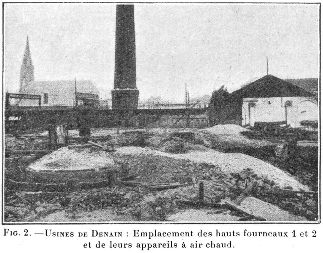 Les hauts-fourneaux de Denain après les destructions de la Première Guerre mondiale, dans une publication de 1920