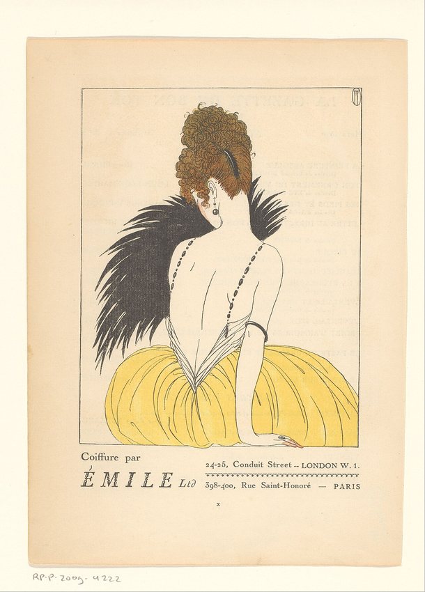 Publicité pour la coiffure par Émile dans la Gazette du Bon Ton, vers 1920
